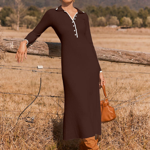 New fashionable lapel knitted slim fit hip-hugging long-sleeved dress - Stormyjay