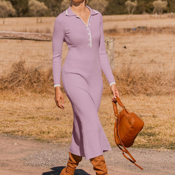 New fashionable lapel knitted slim fit hip-hugging long-sleeved dress - Stormyjay