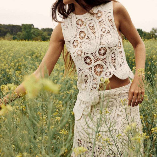 Women's Fashion Retro Half-Slit Irregular Design Round Neck Sleeveless Vest + Skirt Set - Stormyjay