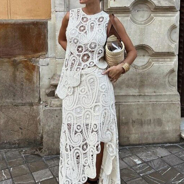 Women's Fashion Retro Half-Slit Irregular Design Round Neck Sleeveless Vest + Skirt Set - Stormyjay