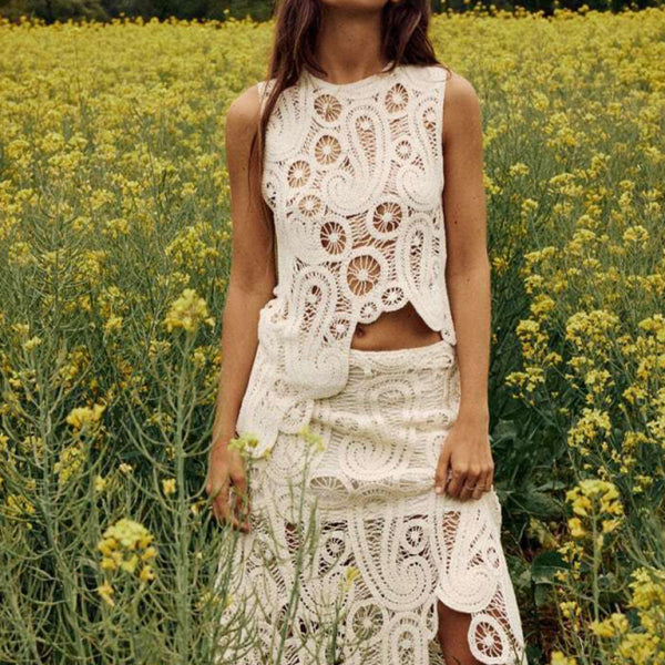 Women's Fashion Retro Half-Slit Irregular Design Round Neck Sleeveless Vest + Skirt Set - Stormyjay