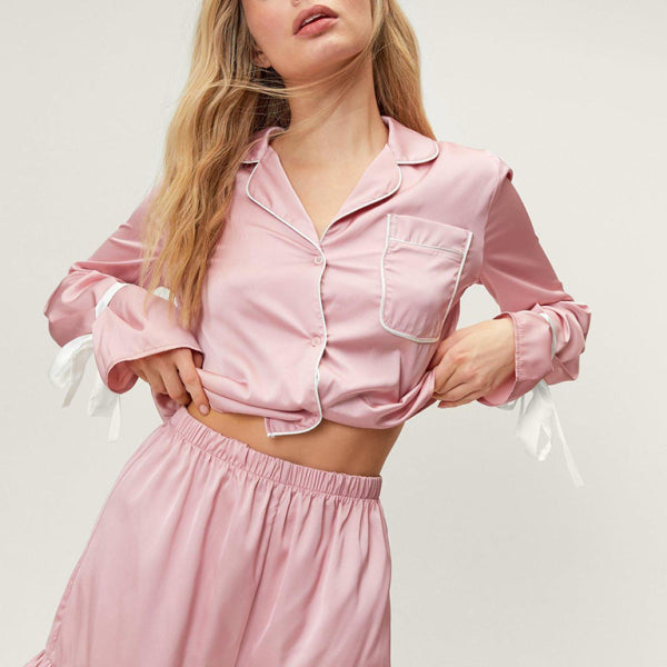 New style lapel long-sleeved shorts that can be worn as home clothes and pajamas two-piece set - Stormyjay