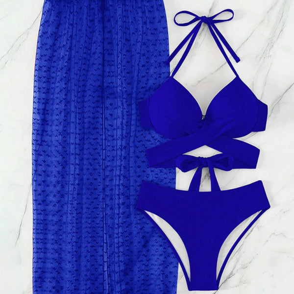 Solid color bikini sexy mesh skirt three-piece set - Stormyjay