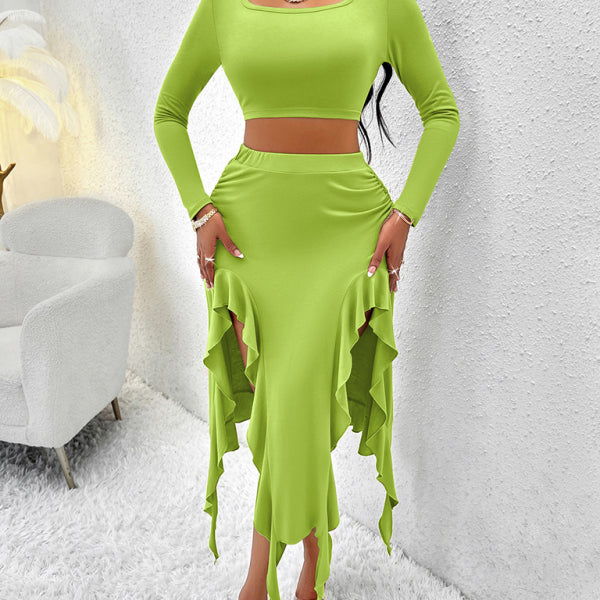 Women's Solid Color Round Neck Long Sleeve Top Ruffled Skirt Suit - Stormyjay