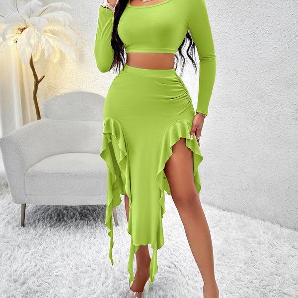 Women's Solid Color Round Neck Long Sleeve Top Ruffled Skirt Suit - Stormyjay