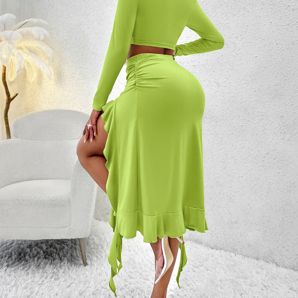 Women's Solid Color Round Neck Long Sleeve Top Ruffled Skirt Suit - Stormyjay