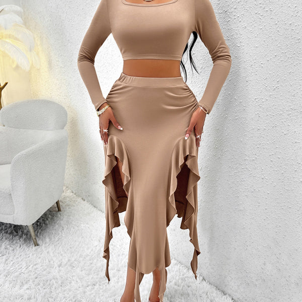 Women's Solid Color Round Neck Long Sleeve Top Ruffled Skirt Suit - Stormyjay