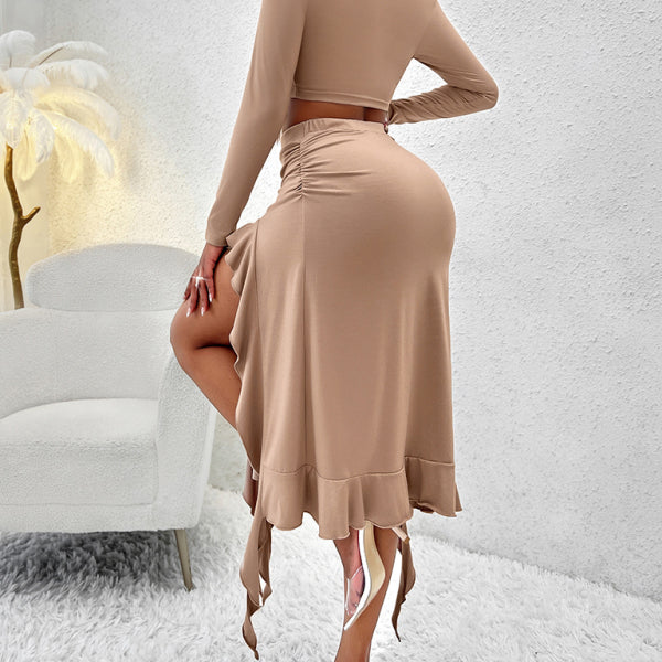 Women's Solid Color Round Neck Long Sleeve Top Ruffled Skirt Suit - Stormyjay