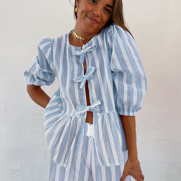 New striped lace mid-sleeve loose patchwork shirt - Stormyjay