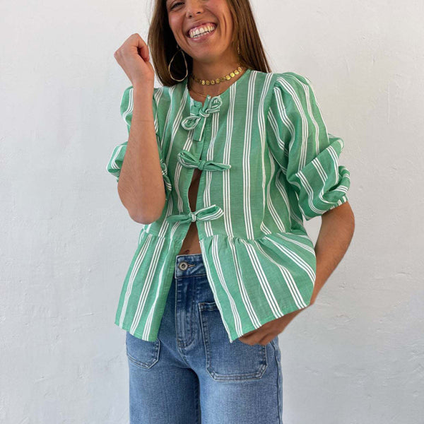 New striped lace mid-sleeve loose patchwork shirt - Stormyjay