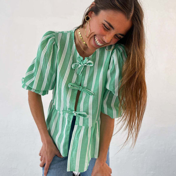 New striped lace mid-sleeve loose patchwork shirt - Stormyjay