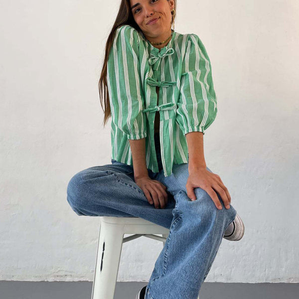 New striped lace mid-sleeve loose patchwork shirt - Stormyjay
