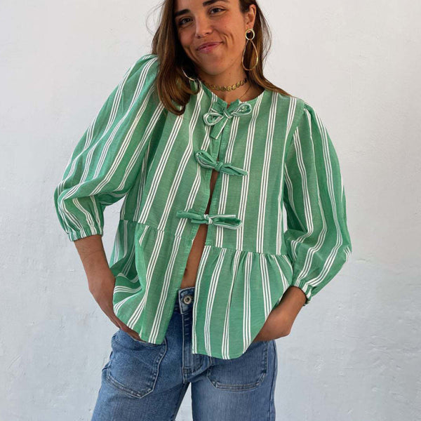 New striped lace mid-sleeve loose patchwork shirt - Stormyjay
