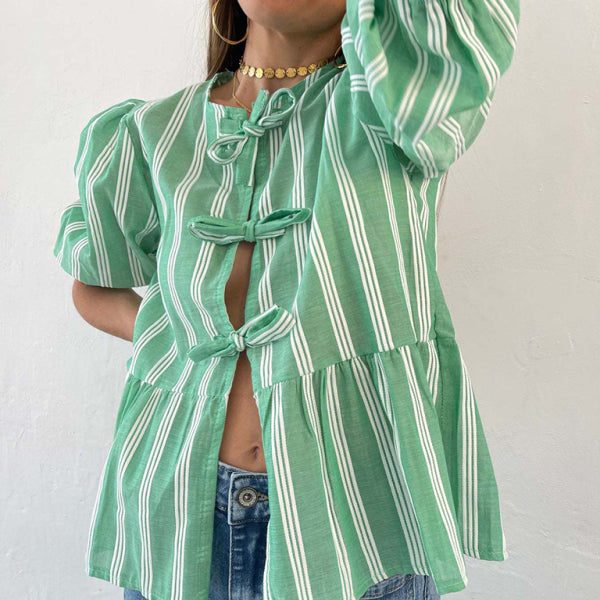 New striped lace mid-sleeve loose patchwork shirt - Stormyjay