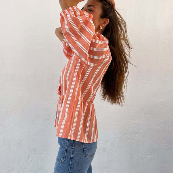 New striped lace mid-sleeve loose patchwork shirt - Stormyjay