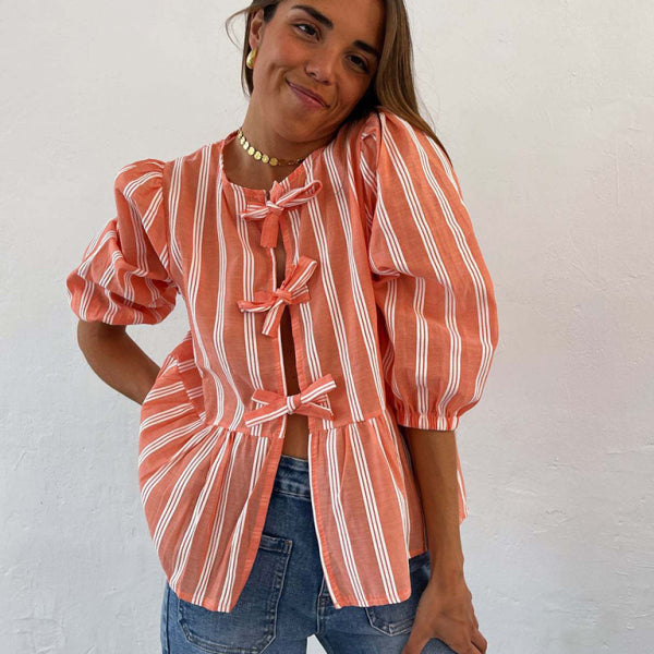 New striped lace mid-sleeve loose patchwork shirt - Stormyjay