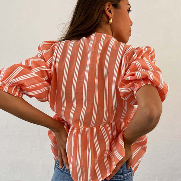 New striped lace mid-sleeve loose patchwork shirt - Stormyjay