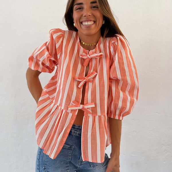 New striped lace mid-sleeve loose patchwork shirt - Stormyjay