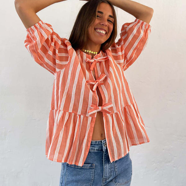 New striped lace mid-sleeve loose patchwork shirt - Stormyjay