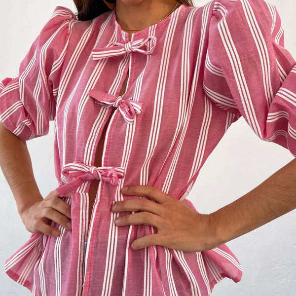 New striped lace mid-sleeve loose patchwork shirt - Stormyjay