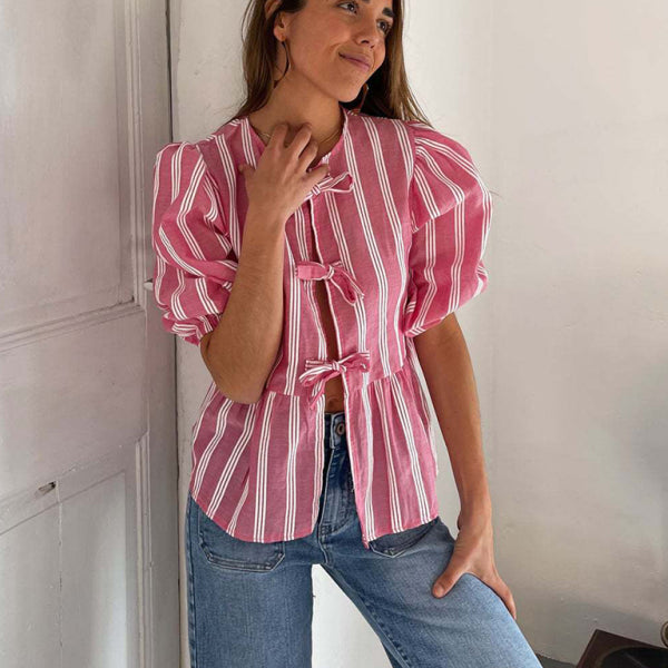 New striped lace mid-sleeve loose patchwork shirt - Stormyjay