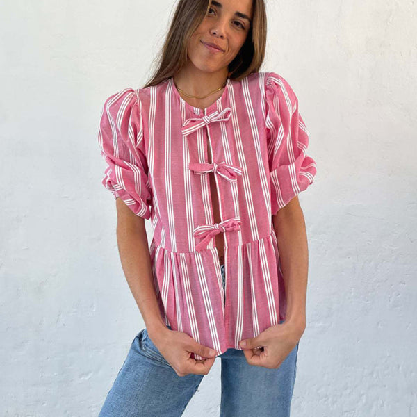 New striped lace mid-sleeve loose patchwork shirt - Stormyjay