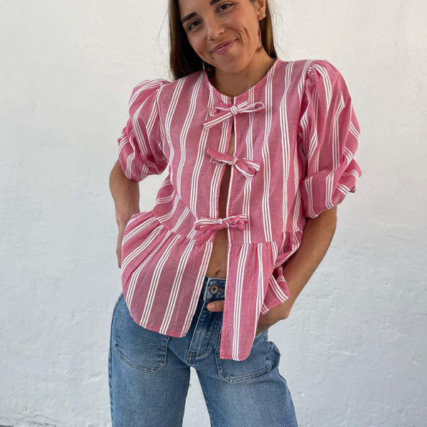 New striped lace mid-sleeve loose patchwork shirt - Stormyjay
