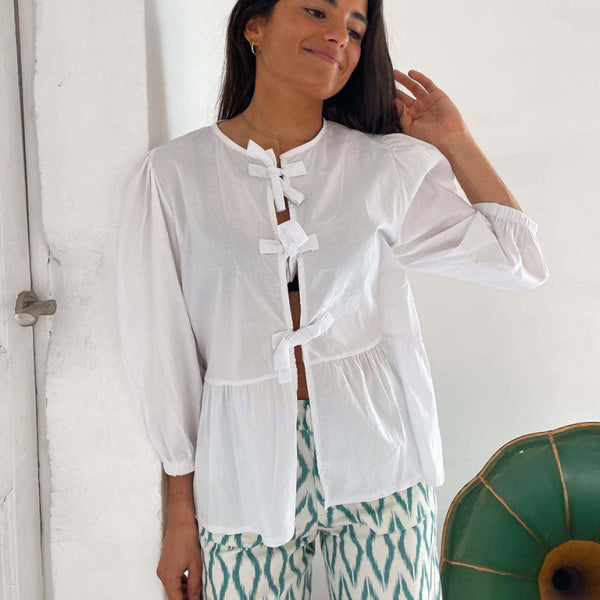 New striped lace mid-sleeve loose patchwork shirt - Stormyjay