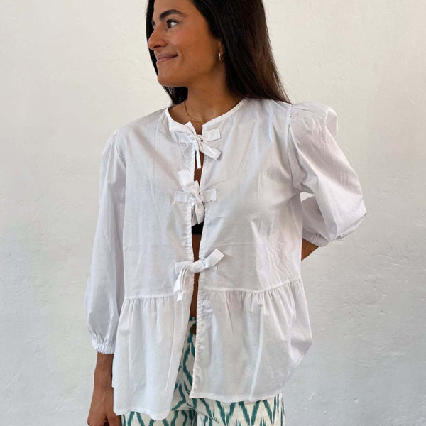 New striped lace mid-sleeve loose patchwork shirt - Stormyjay