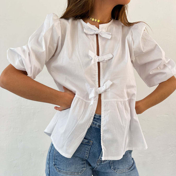 New striped lace mid-sleeve loose patchwork shirt - Stormyjay