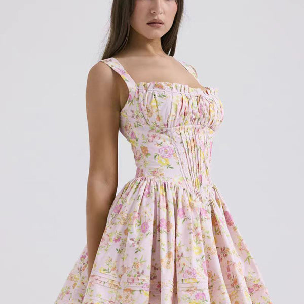 New sexy and elegant floral print suspender waist dress - Stormyjay