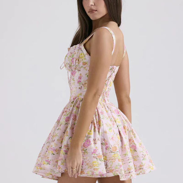 New sexy and elegant floral print suspender waist dress - Stormyjay
