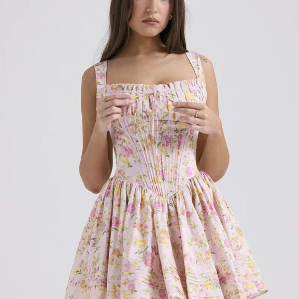 New sexy and elegant floral print suspender waist dress - Stormyjay