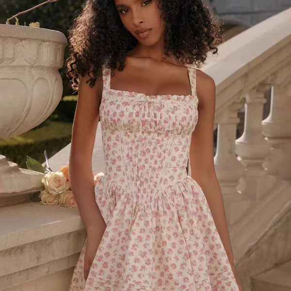 New sexy and elegant floral print suspender waist dress - Stormyjay
