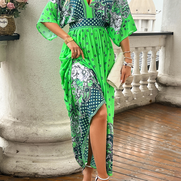 Spring and summer casual holiday printed V-neck long skirt - Stormyjay