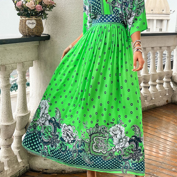 Spring and summer casual holiday printed V-neck long skirt - Stormyjay