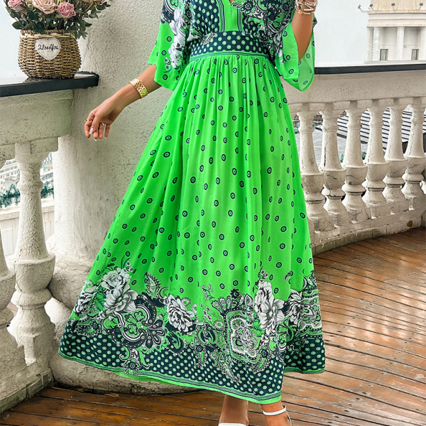 Spring and summer casual holiday printed V-neck long skirt - Stormyjay