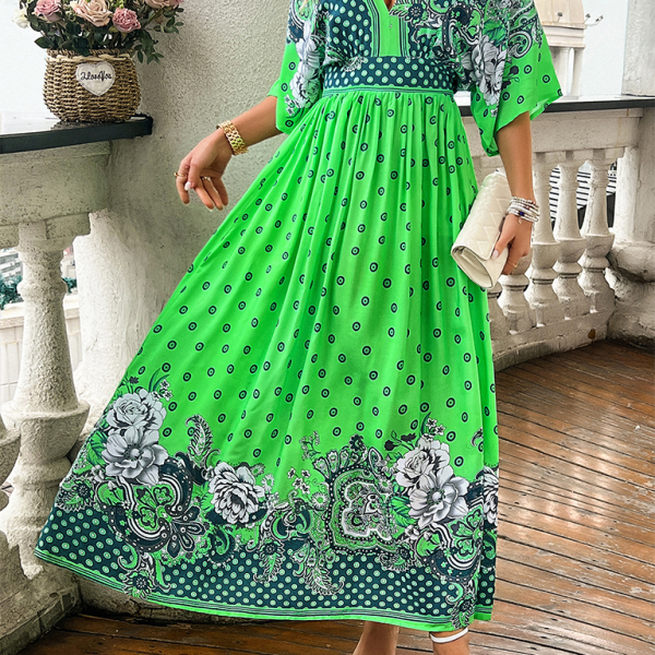 Spring and summer casual holiday printed V-neck long skirt - Stormyjay
