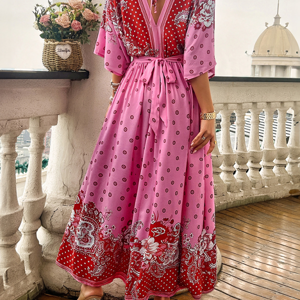 Spring and summer casual holiday printed V-neck long skirt - Stormyjay