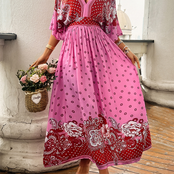 Spring and summer casual holiday printed V-neck long skirt - Stormyjay