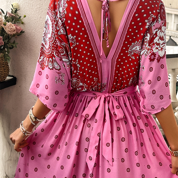 Spring and summer casual holiday printed V-neck long skirt - Stormyjay