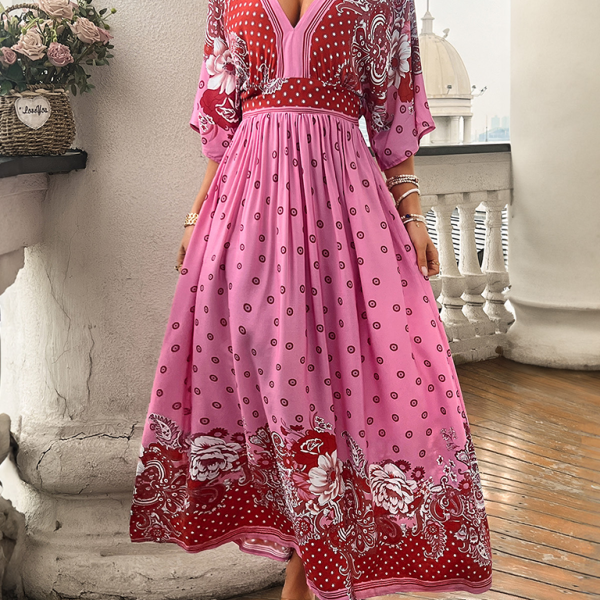 Spring and summer casual holiday printed V-neck long skirt - Stormyjay