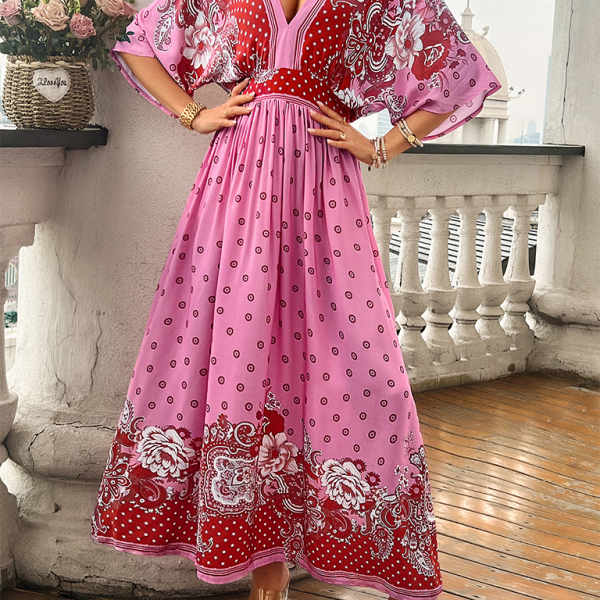 Spring and summer casual holiday printed V-neck long skirt - Stormyjay