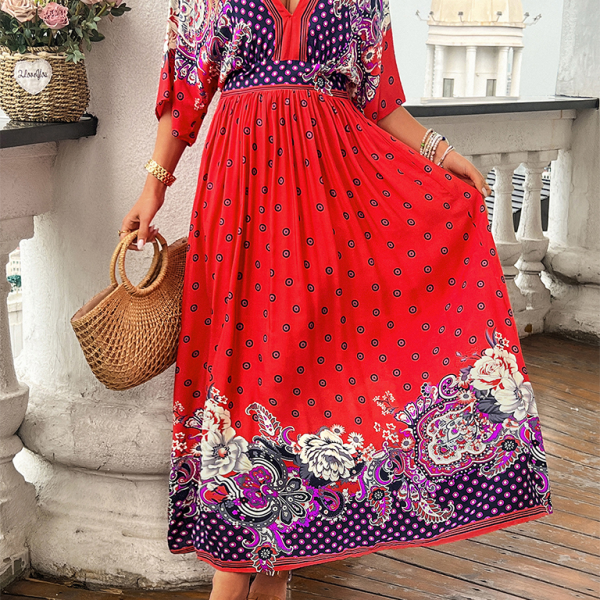 Spring and summer casual holiday printed V-neck long skirt - Stormyjay