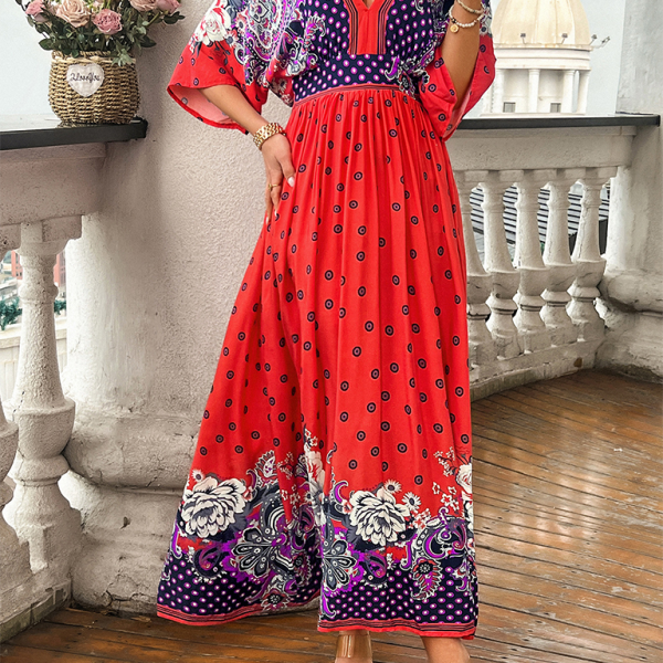 Spring and summer casual holiday printed V-neck long skirt - Stormyjay