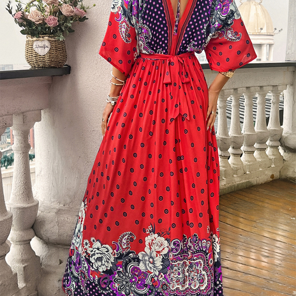 Spring and summer casual holiday printed V-neck long skirt - Stormyjay