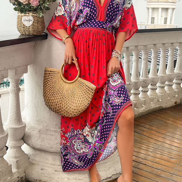 Spring and summer casual holiday printed V-neck long skirt - Stormyjay