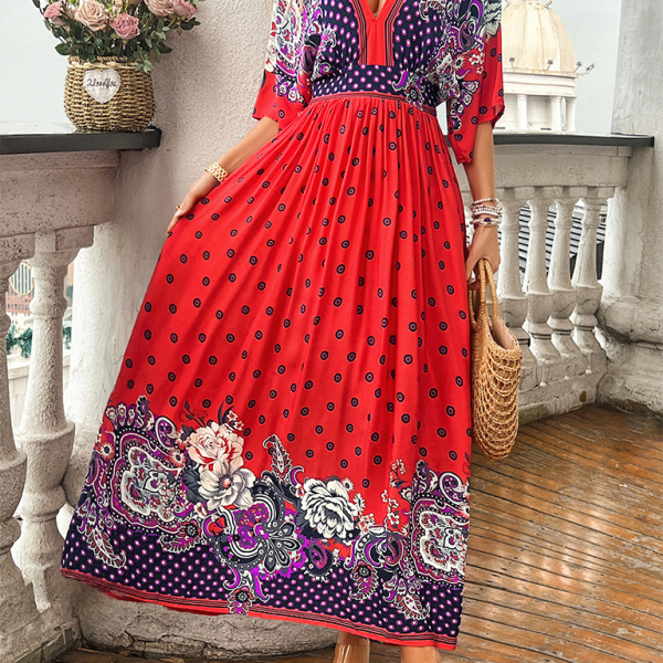 Spring and summer casual holiday printed V-neck long skirt - Stormyjay