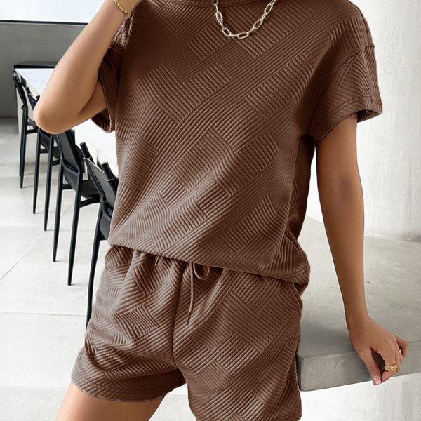 Summer solid color knitted crew neck top and shorts casual two-piece set - Stormyjay