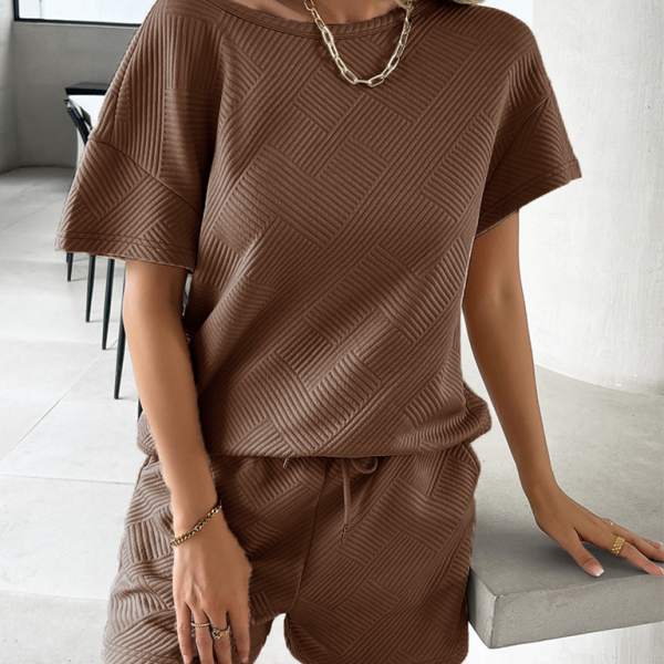 Summer solid color knitted crew neck top and shorts casual two-piece set - Stormyjay